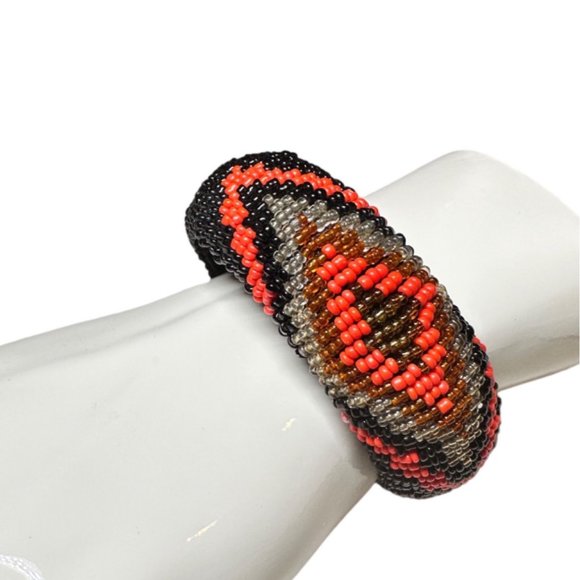 Aztec Pattern Black and Orange Beaded Bangle Statement Bracelet - Picture 2 of 8